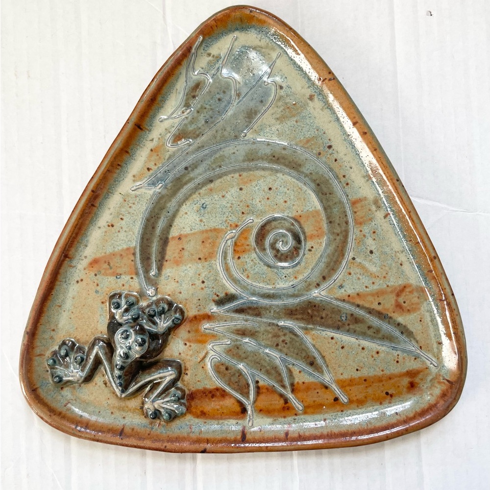 Handmade Artisan Ceramic Triangle Abstract Sitting Frog Decorative Plate Signed